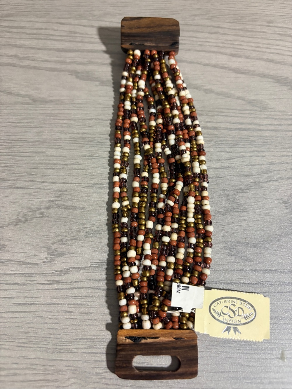 Multi-Strand Beaded Wood-Trim Bracelet in Brown, Cream & Gold Tones